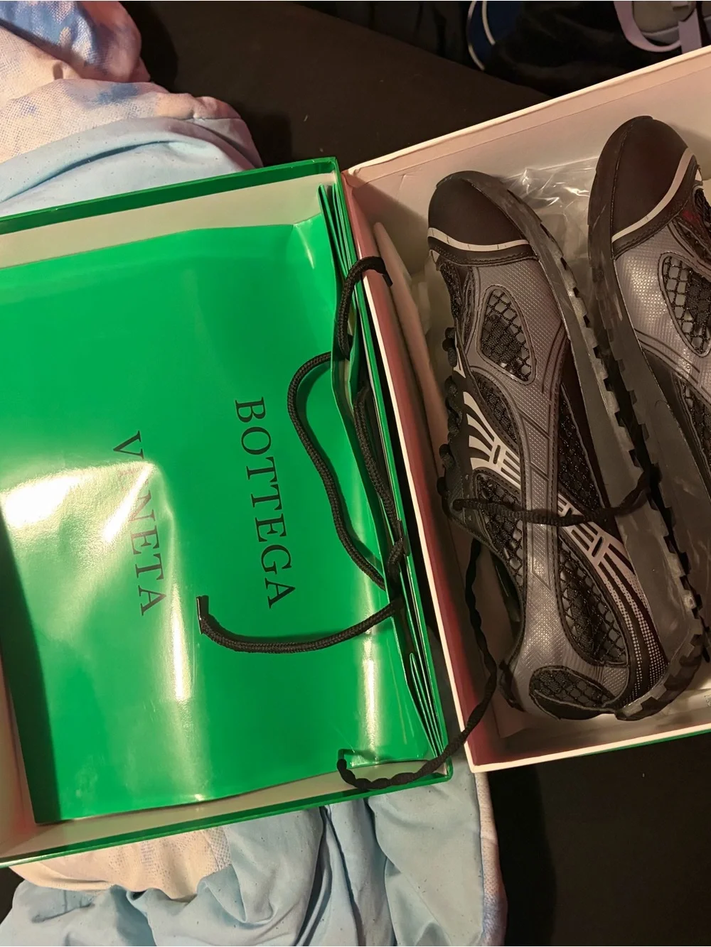 Bottega Veneta Neon Green Shopping Bag with Gray and Black Sneakers